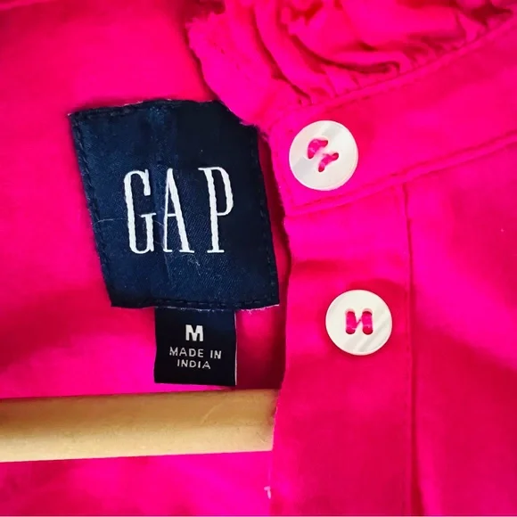 Gap, puff sleeve mock neck button up shirt in neon pink sz M - Picture 7 of 7
